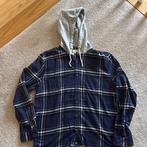Aeropostale Navy Plaid Button-Up flannel with Gray Hood size medium